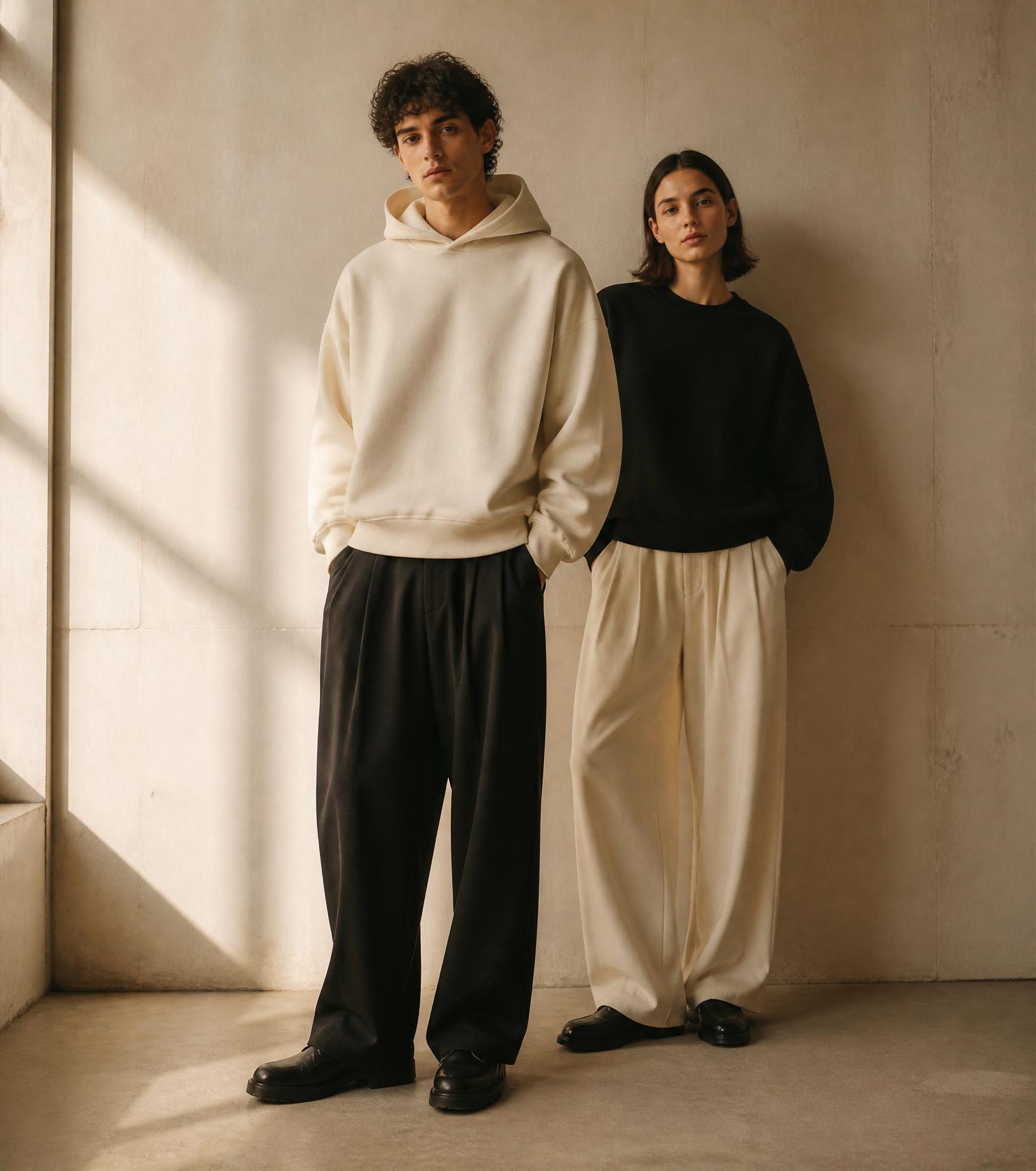 Model wearing a heavyweight cream hoodie against a warm concrete wall