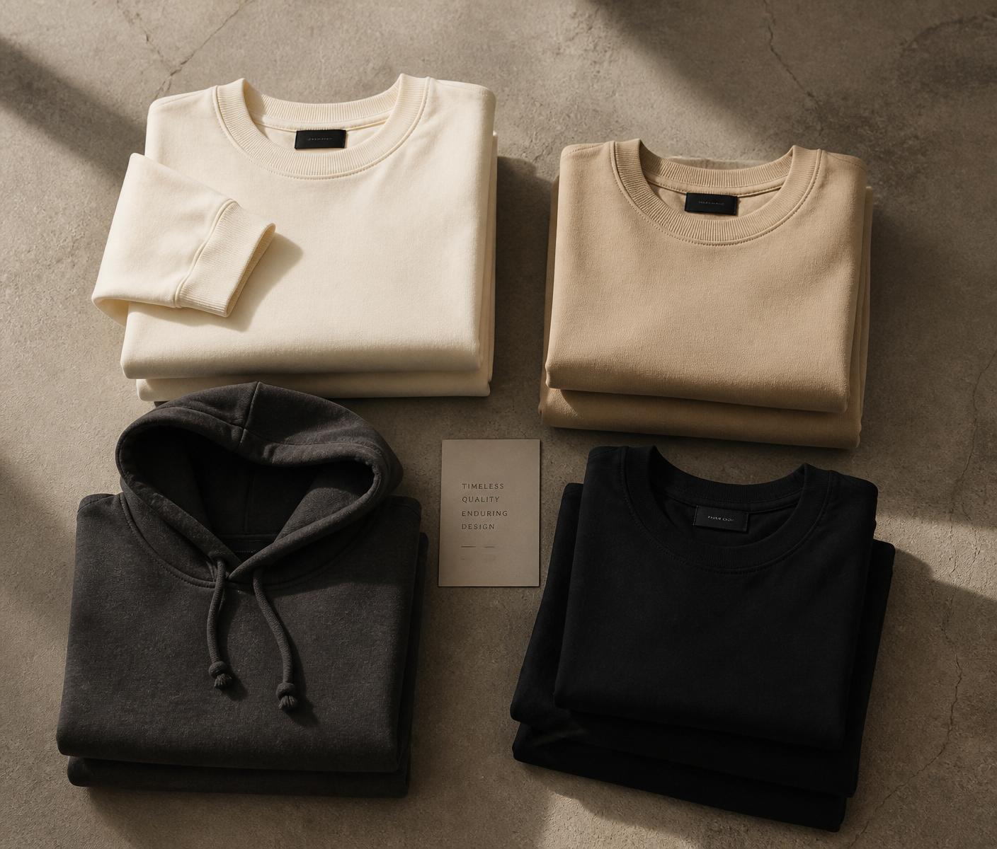 Folded stack of premium blank apparel in cream, sand and black